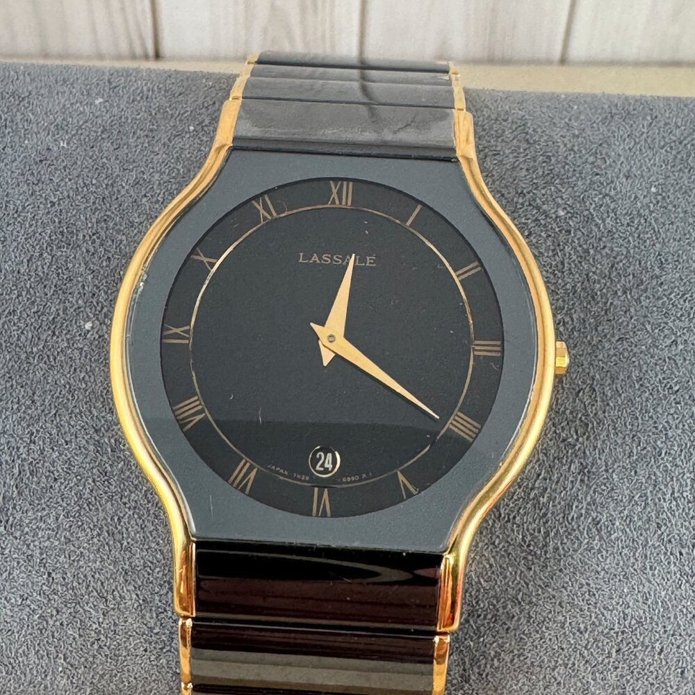 Vintage LassaleLuxury Watch Gun Metal Black on Gold, Roman Numeral Bezel